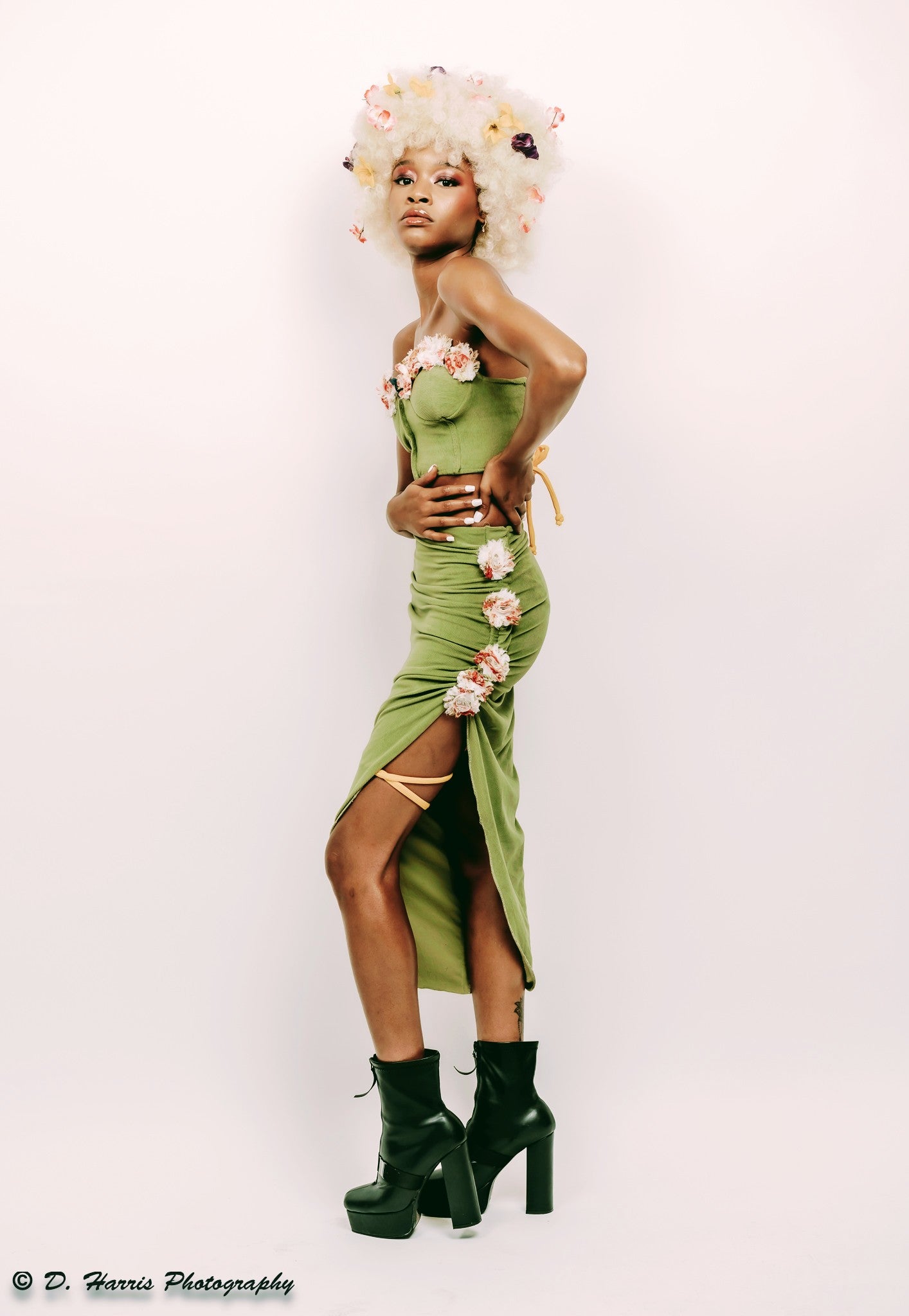 "Flowers Go Pow" ruched skirt & Corset top set